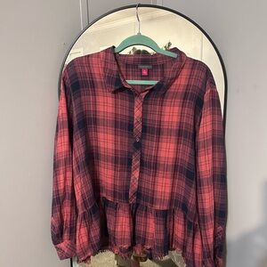 Red and Navy Plaid Button-Up Peplum Shirt